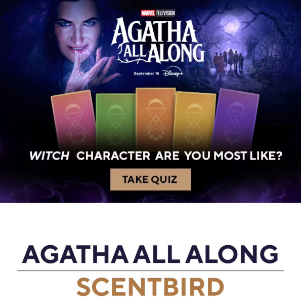 Marvel and Scentbird Promo for Marvel's "Agatha All Along" and Scentbird with quiz prompt "Witch character are you?