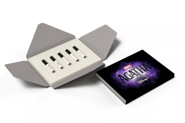 Marvel's Agatha x Scentbird fragrance sample set with a dark purple branded box and five sample-sized perfumes inside.