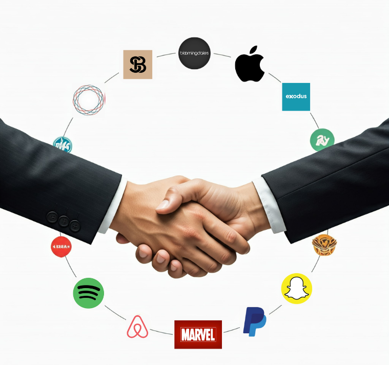 Two hands shaking with brand logos floating, symbolizing partnership marketing collaboration.