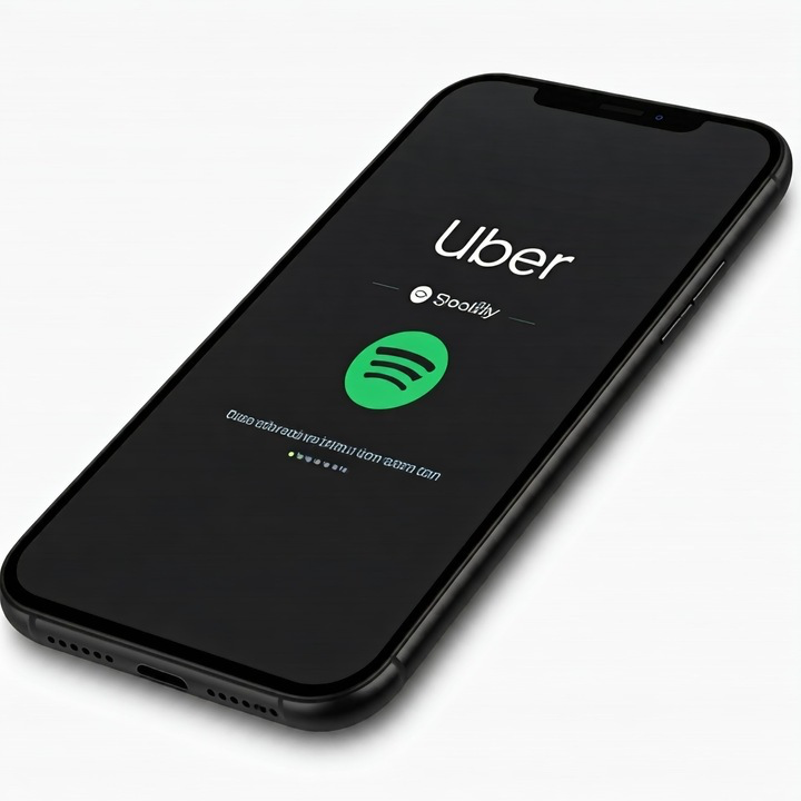 iPhone mockup showing Spotify integration in the Uber app interface.