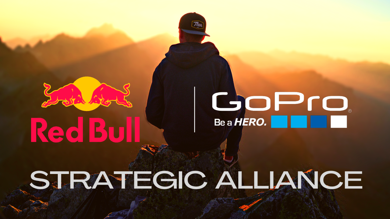 GoPro and Red Bull Strategic alliance, represented by their logos on a mountainous outdoor scene.