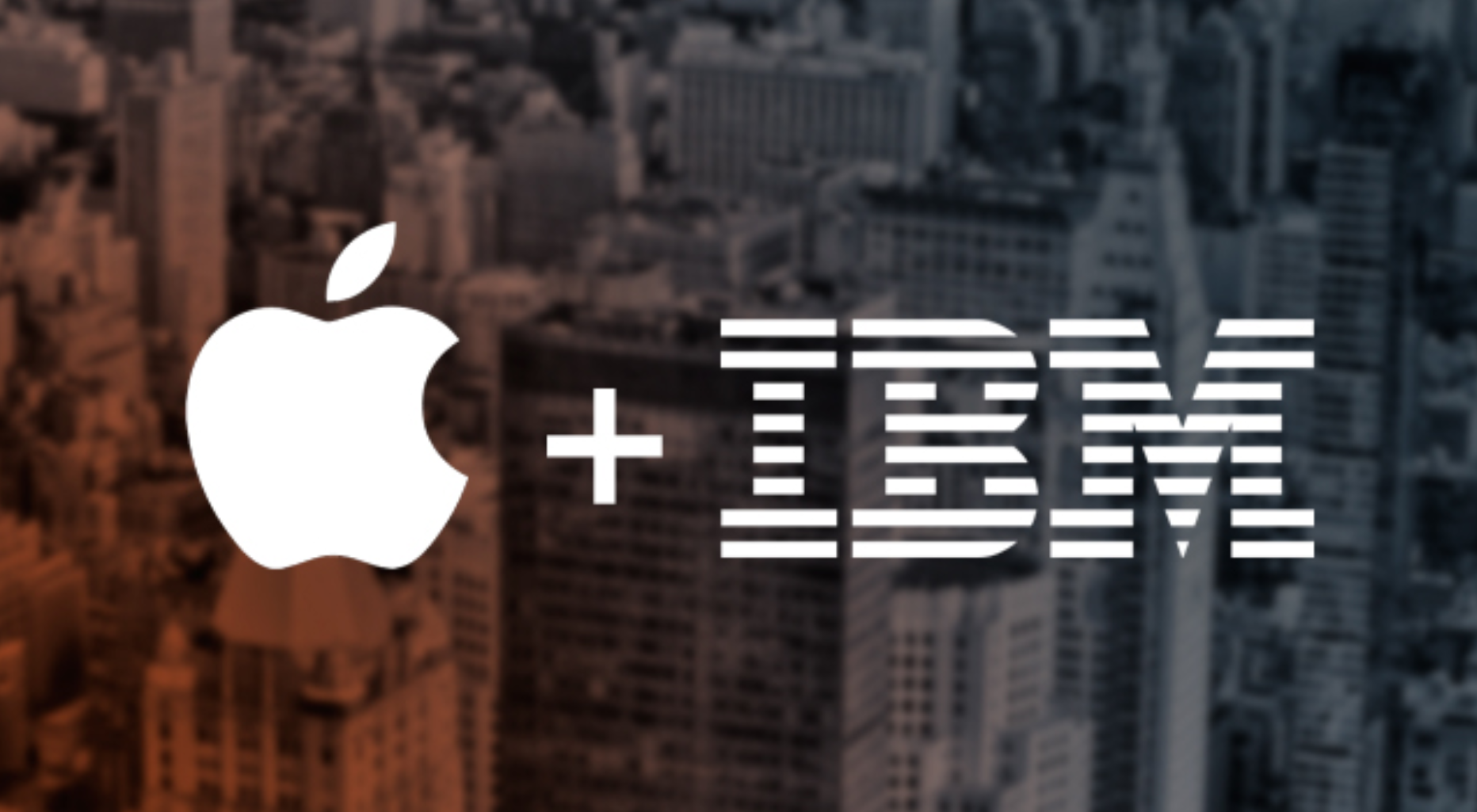 Apple and IBM logos side-by-side on a city background, representing partnership.