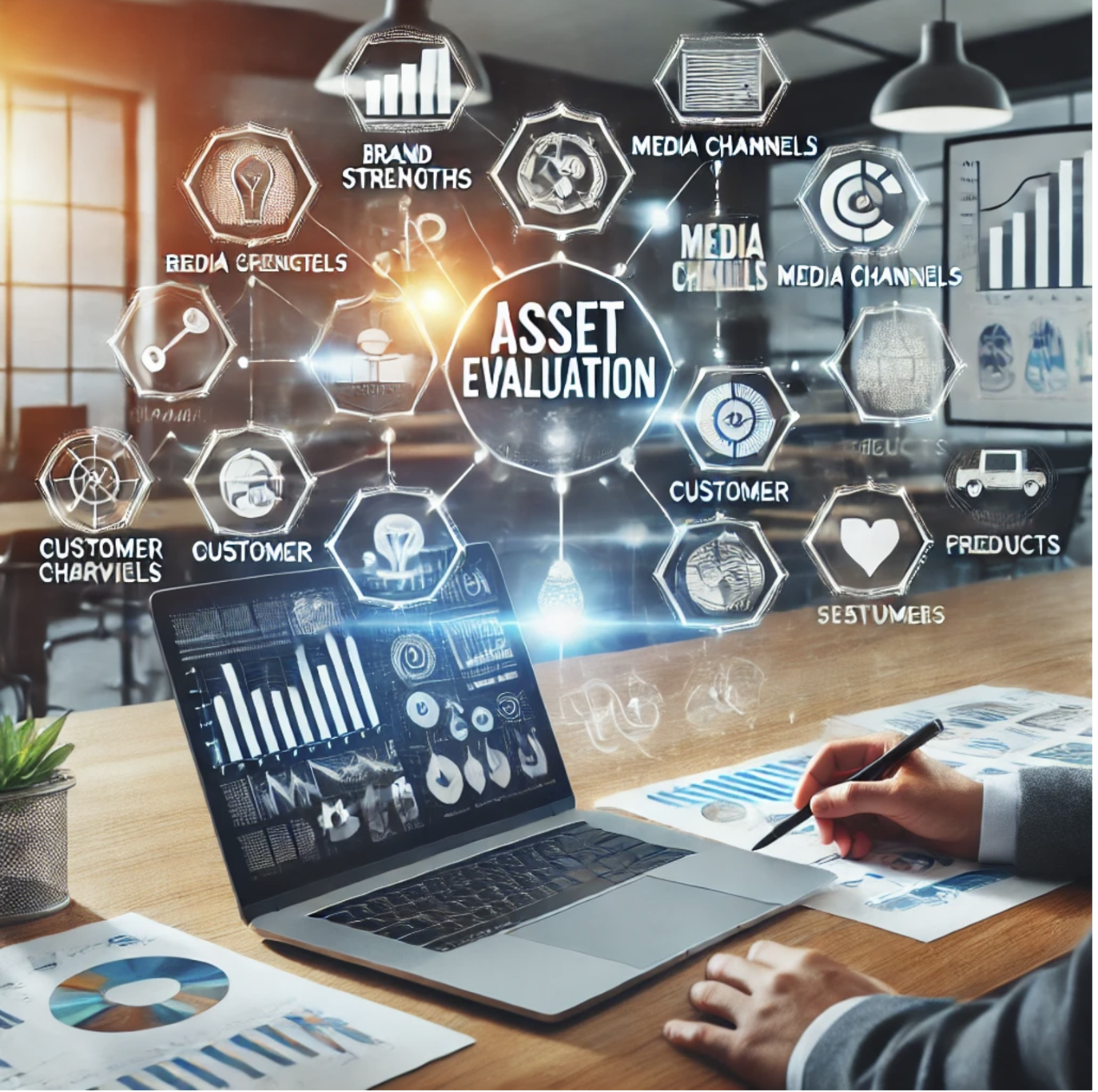 A person analyzing charts on a laptop, with icons for brand assets, media channels, customer data