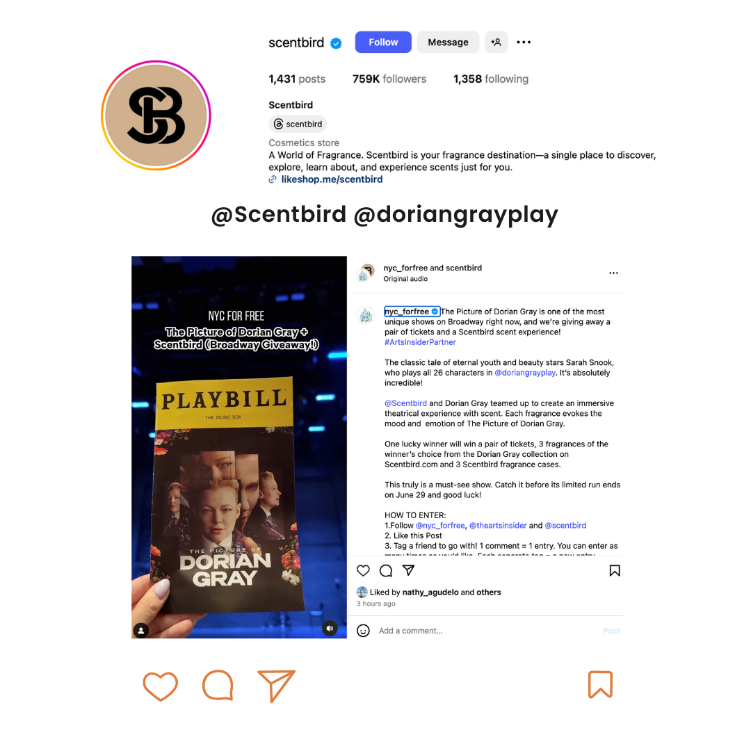 Scentbird x The Picture of Dorian Gray marketing banner showing Sarah Snook's face fragmented, alongside various perfume bottles from the collection and promotional text.