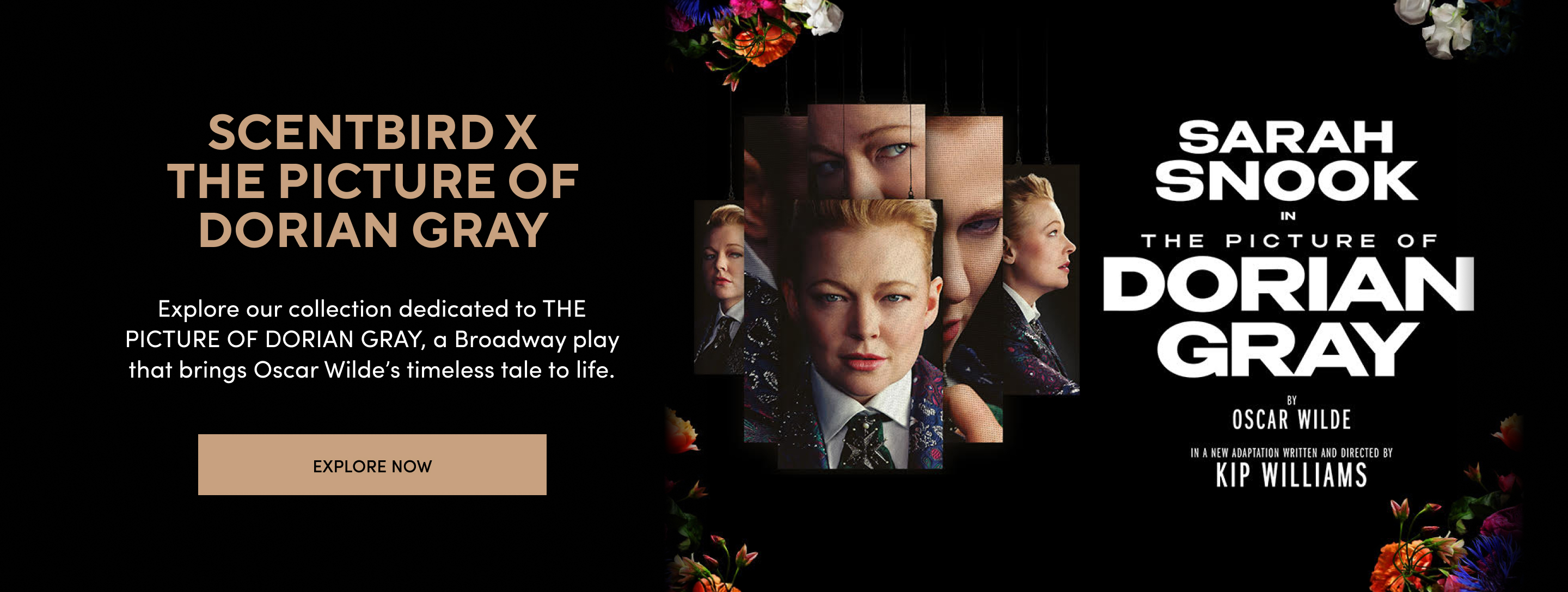 Scentbird x The Picture of Dorian Gray collaboration banner with Sarah Snook in character and a variety of flowers, promoting a fragrance collection inspired by the Broadway play