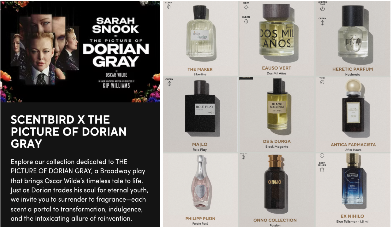 Grid display of nine Scentbird fragrance bottles from The Picture of Dorian Gray collection, including 'The Maker Libertine,' 'Eauso Vert,' and 'Heretic Parfum