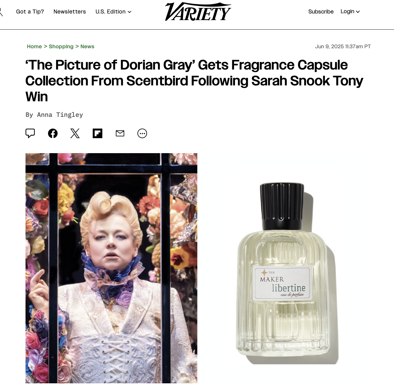 Sarah Snook in elaborate period costume as Dorian Gray next to a Scentbird 'The Maker Libertine' fragrance bottle, from a Variety article announcing the 'Picture of Dorian Gray' fragrance collection