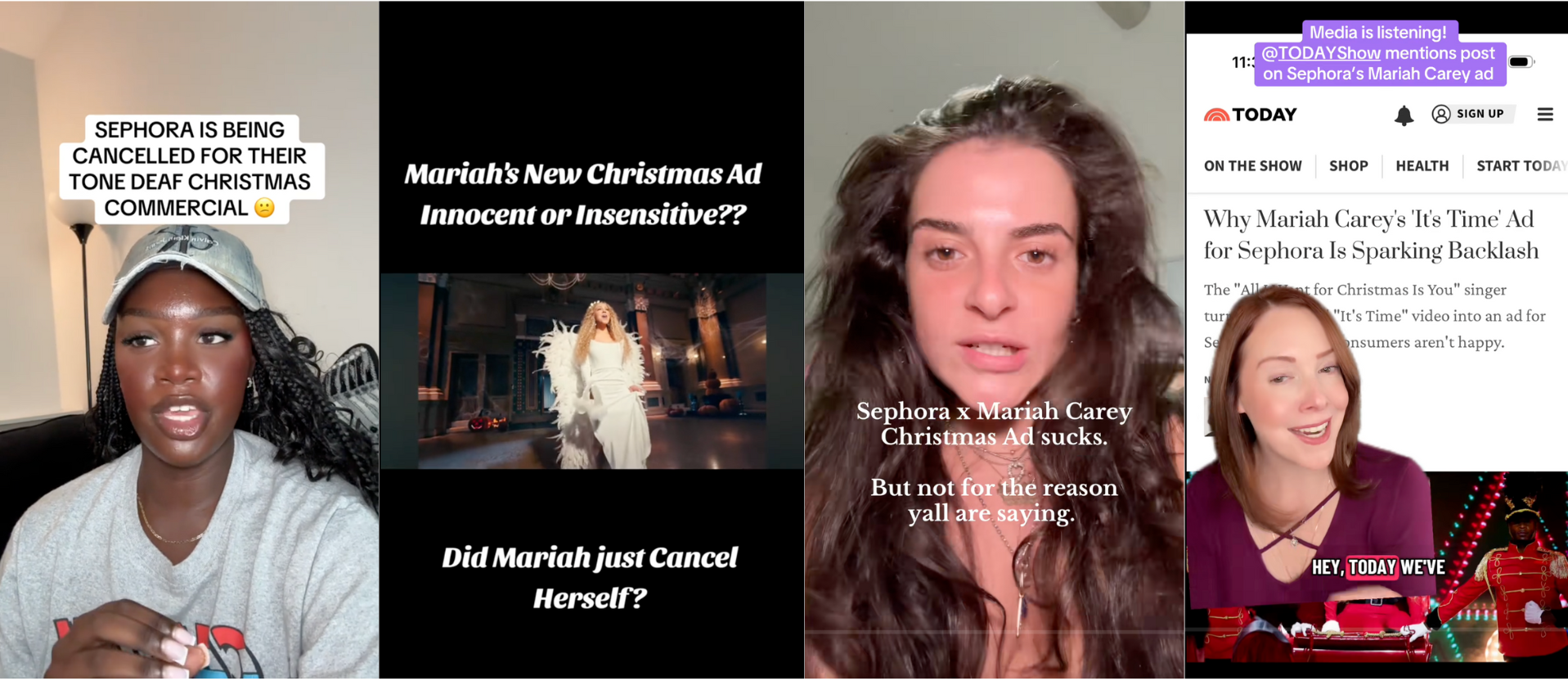 A collage of social media reactions to the Sephora x Mariah Carey ad, showing mixed opinions and headlines about backlash and discussion.