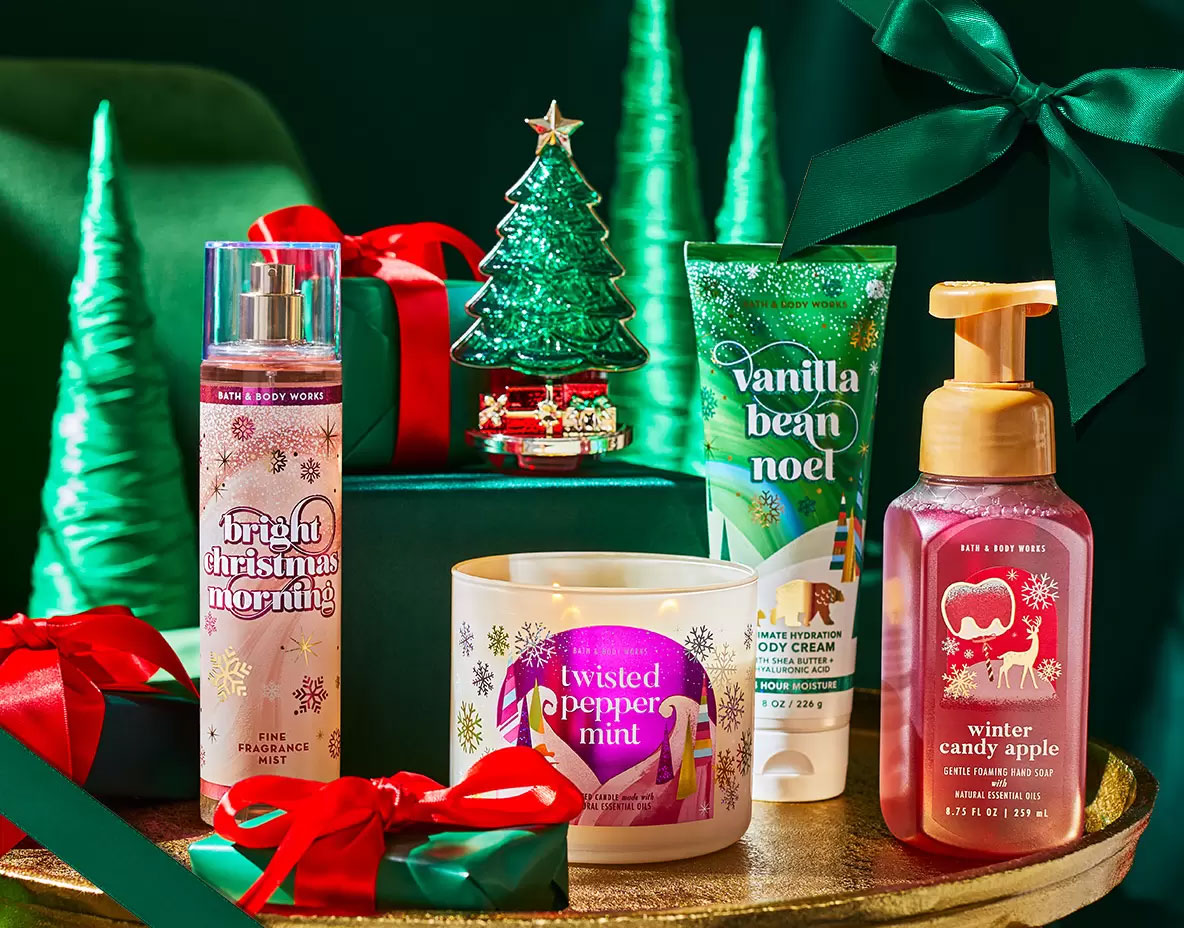 Bath and body works winter collection that includes candles, fragrances, soaps and lotion.
