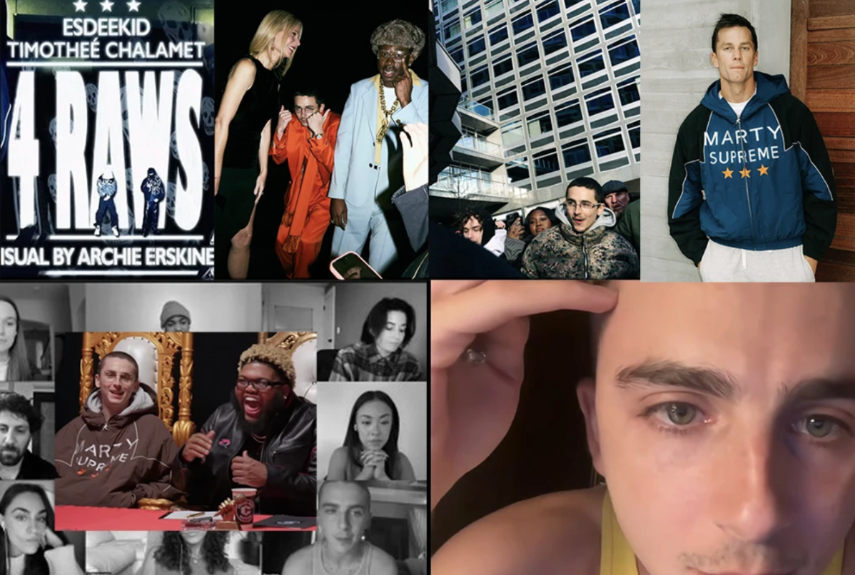A grid of photos showing various celebrities and social media clips related to the film.
