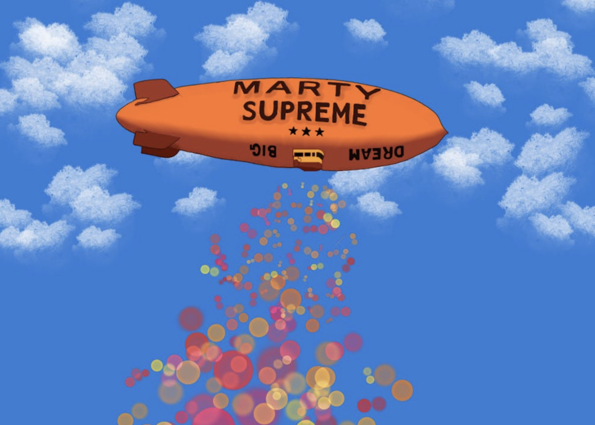 An illustration of an orange blimp with "Marty Supreme" text flying in a blue sky.