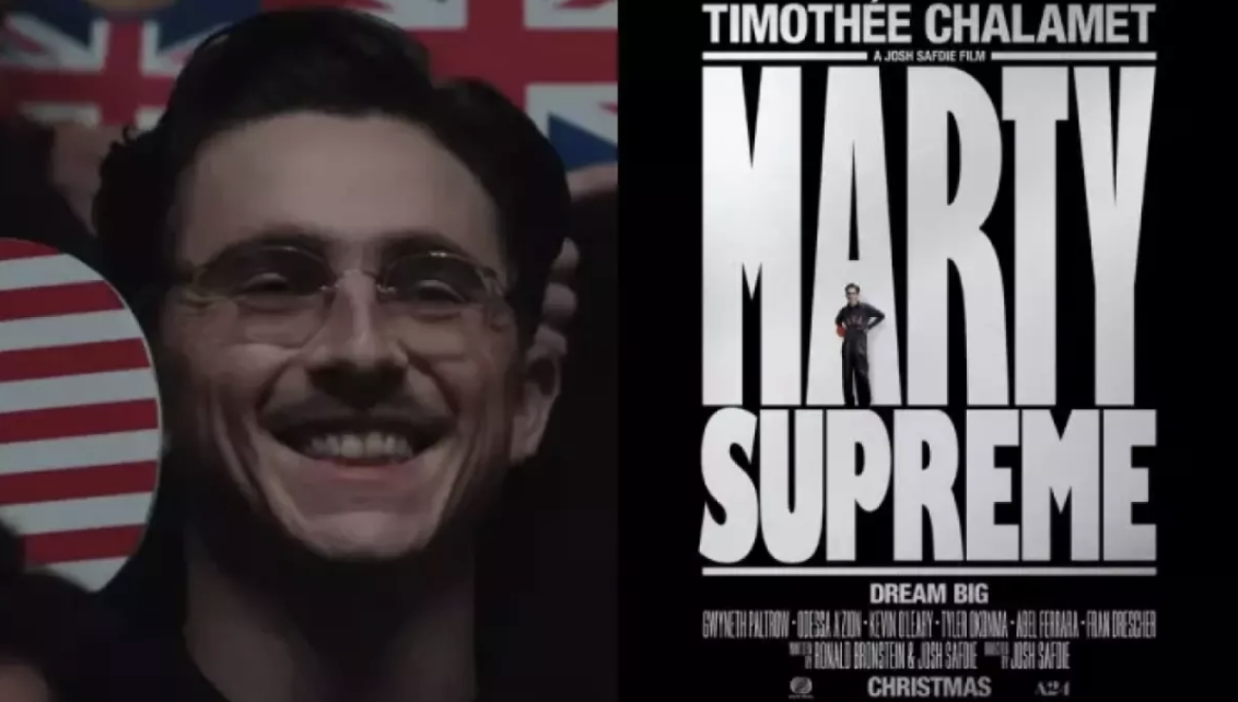 Split image showing a close-up of Timothée Chalamet smiling and the official "Marty Supreme" movie poster.