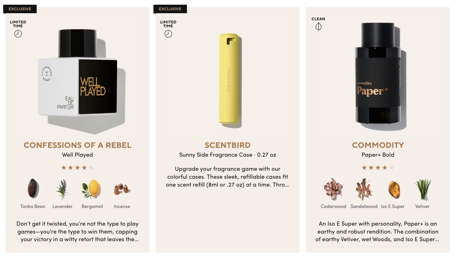 Three fragrance products from Scentbird displayed side by side: Well Played by Confessions of a Rebel, a yellow Scentbird Sunny Side fragrance case, and Paper+ Bold by Commodity, with product images, ratings and scent notes beneath each.