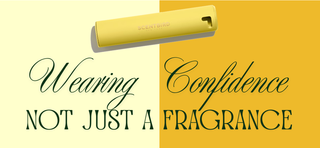 Split-text graphic featuring the Scentbird ‘Sunny Side Fragrance Case’ with the text “Wearing Confidence, Not Just a Fragrance" in front of a cream and amber background.