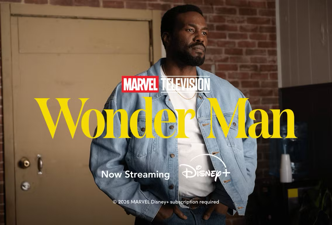 Promotional image for Marvel Television’s Wonder Man showing a man standing indoors wearing a denim jacket, with the title ‘Wonder Man,’ a January 27 release date, and the Disney+ logo.
