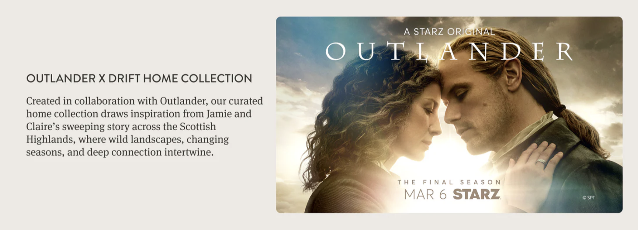Website section describing the Outlander x Drift home fragrance collection inspired by Jamie and Claire’s story in the Scottish Highlands, paired with a romantic image of the two characters.